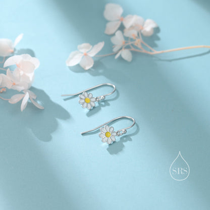 Sterling Silver Enamel Daisy Drop Hook Earrings, Dainty Dangle Daisy Earrings, Flower Earrings? Daisy Hook Earrings