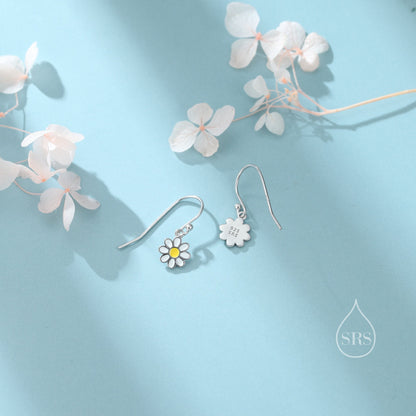 Sterling Silver Enamel Daisy Drop Hook Earrings, Dainty Dangle Daisy Earrings, Flower Earrings? Daisy Hook Earrings