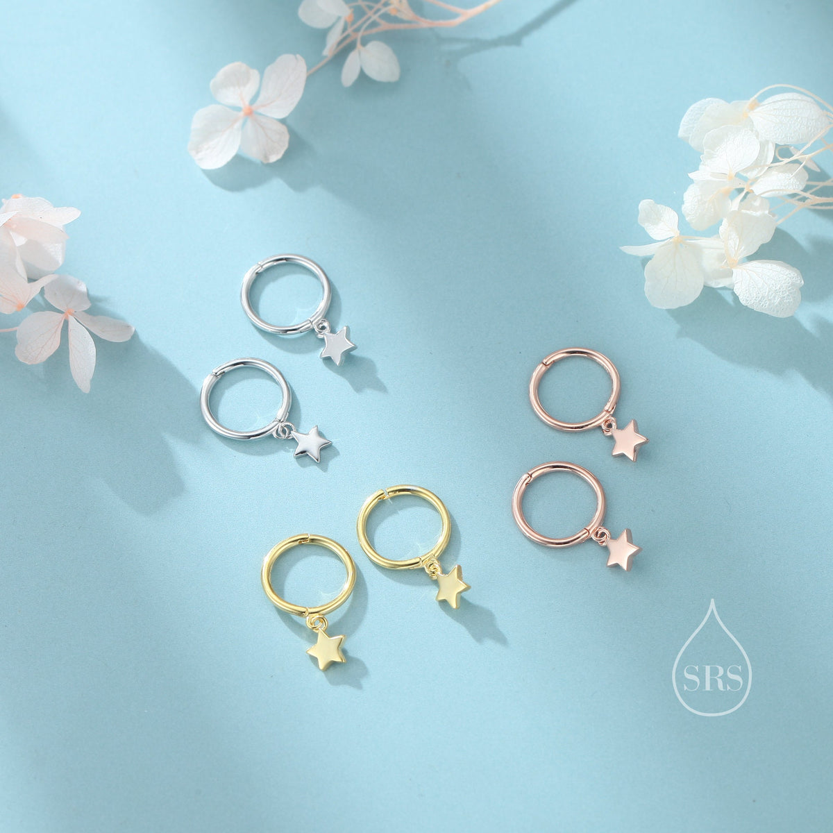 Star Dangle Huggie Hoop Earrings in Sterling Silver, Silver or Gold or Rose Gold, Delicate Star Skinny Hoops