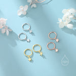 Star Dangle Huggie Hoop Earrings in Sterling Silver, Silver or Gold or Rose Gold, Delicate Star Skinny Hoops
