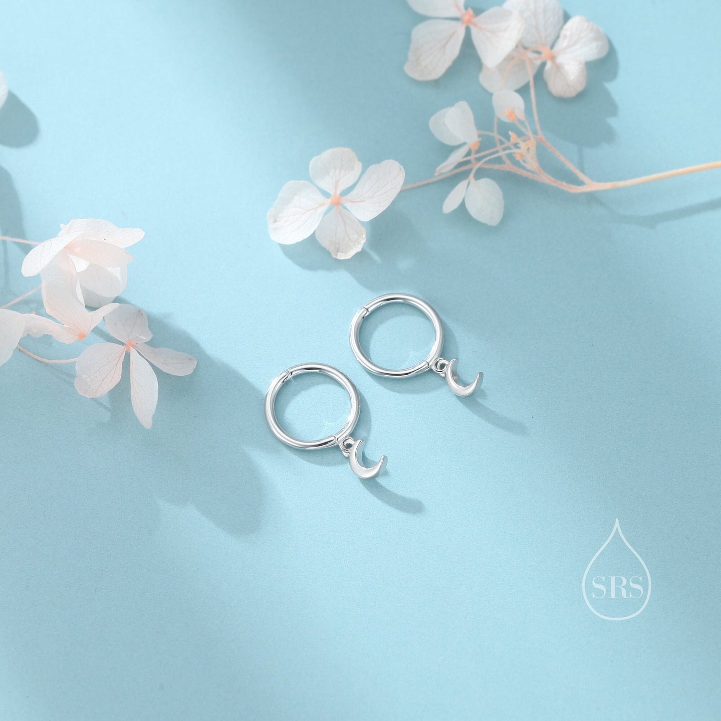 Extra Skinny Moon Dangle Huggie Hoop Earrings in Sterling Silver, Silver or Gold or Rose Gold, Moon Skinny Hoops