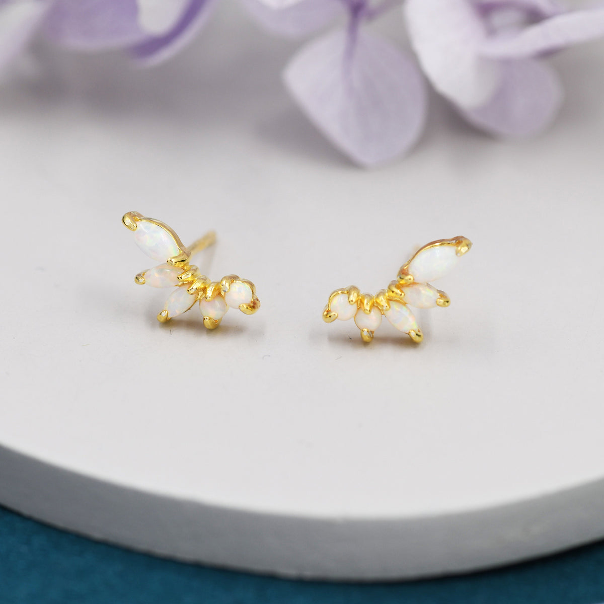 Sterling Silver White Opal Marquise Cluster Stud Earrings, Silver and Gold, Blue Opal Earrings, Lab Opal Mini Crawler Earrings, Minimalist