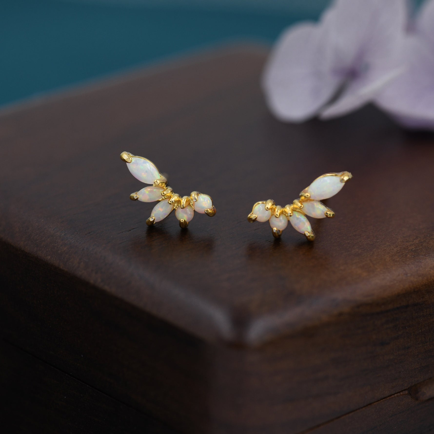 Sterling Silver White Opal Marquise Cluster Stud Earrings, Silver and Gold, Blue Opal Earrings, Lab Opal Mini Crawler Earrings, Minimalist