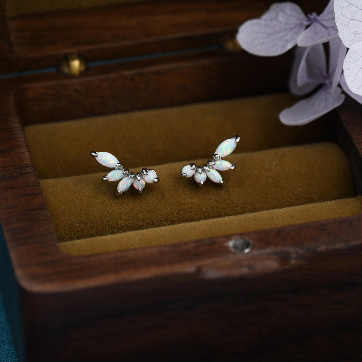 Sterling Silver White Opal Marquise Cluster Stud Earrings, Silver and Gold, Blue Opal Earrings, Lab Opal Mini Crawler Earrings, Minimalist