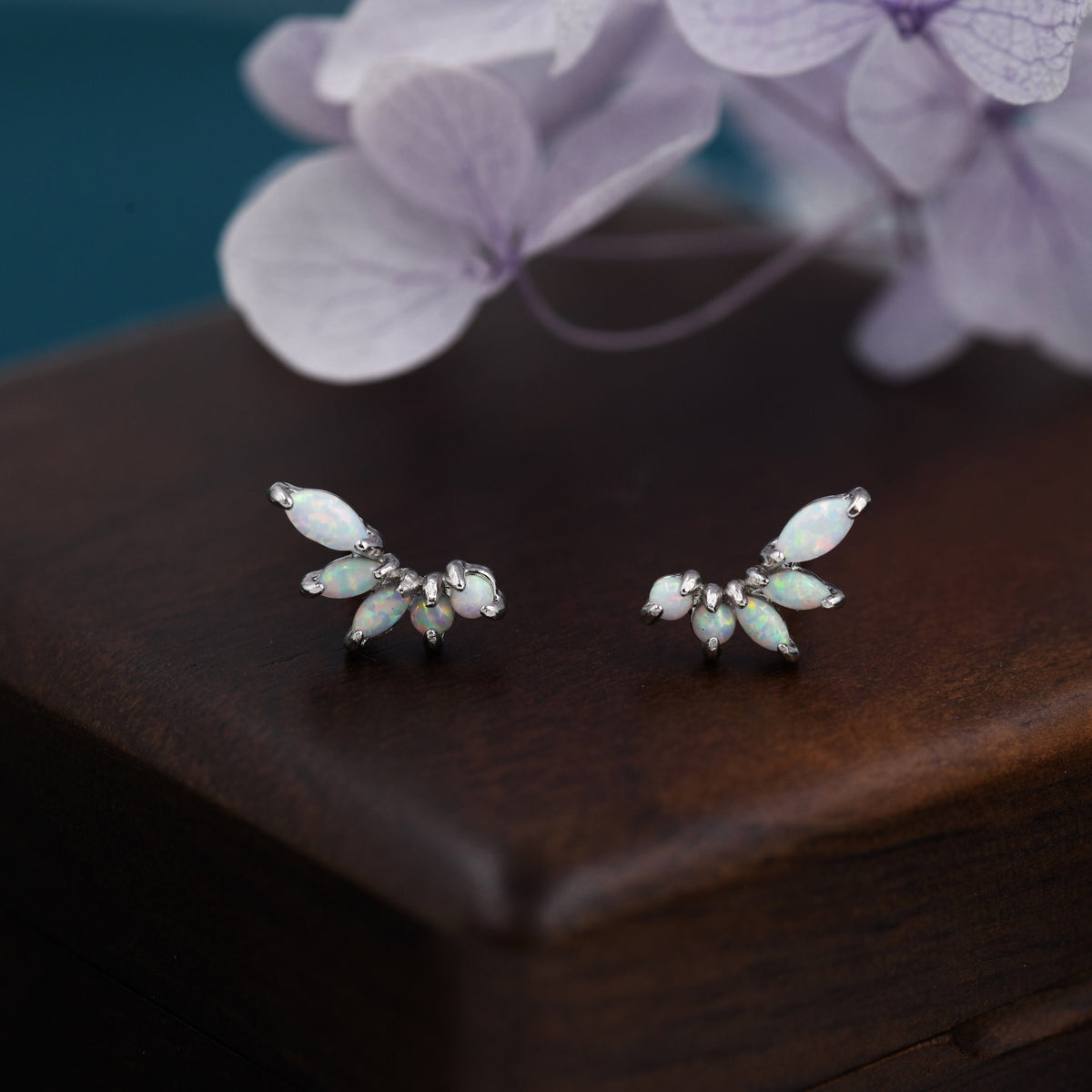 Sterling Silver White Opal Marquise Cluster Stud Earrings, Silver and Gold, Blue Opal Earrings, Lab Opal Mini Crawler Earrings, Minimalist