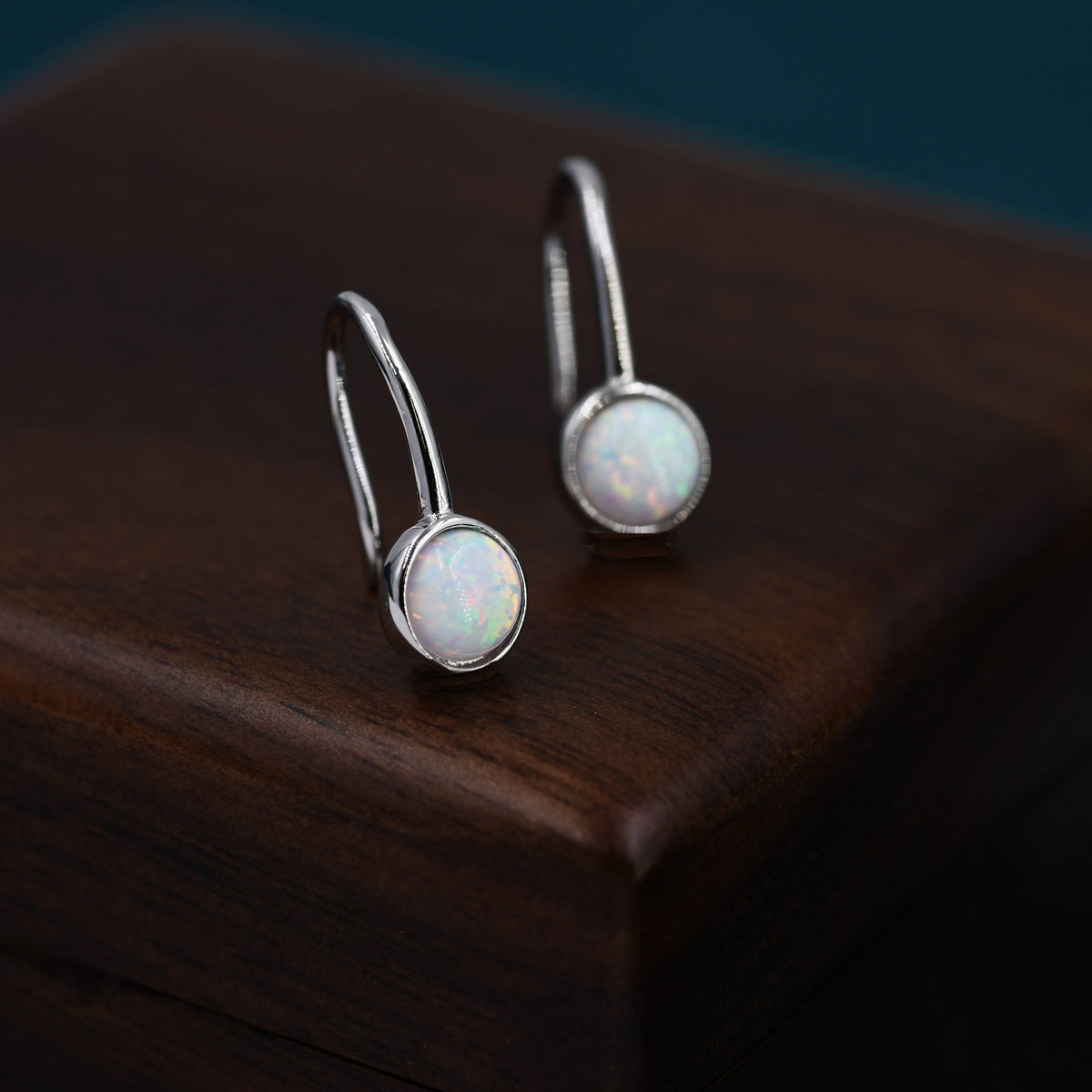 Sterling Silver White Opal Drop Earrings in Sterling Silver, Round Fire Opal Hook Earrings, Delicate Opal Earrings, Lab Opal