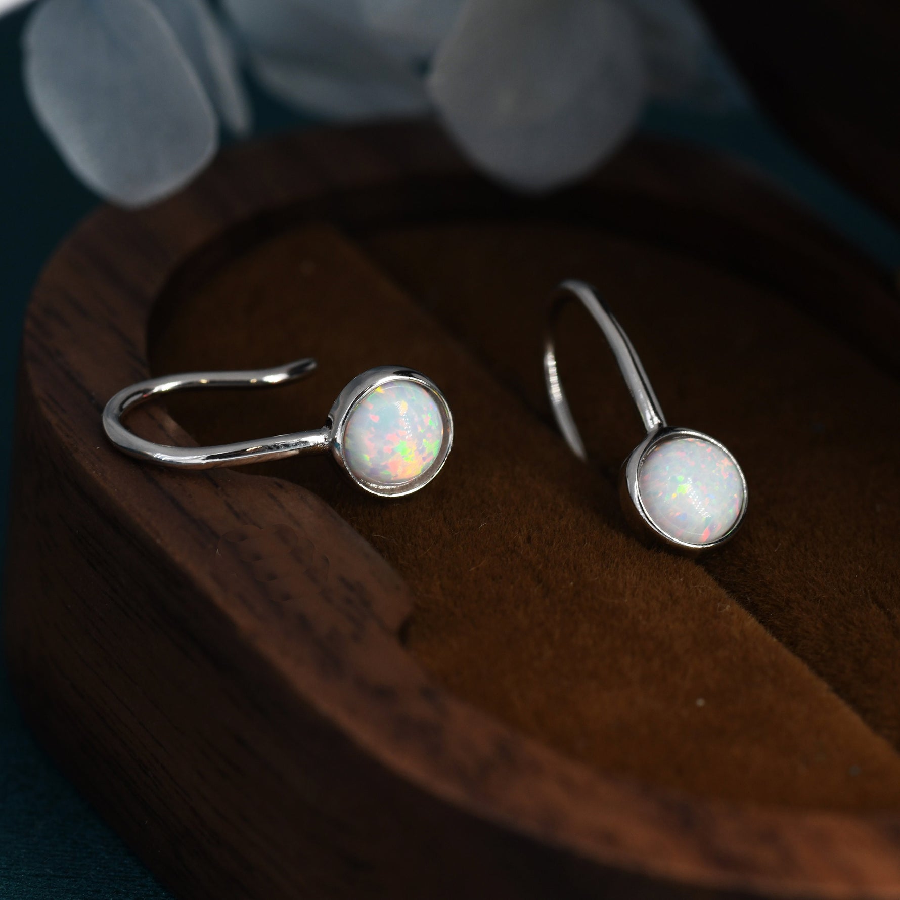 Sterling Silver White Opal Drop Earrings in Sterling Silver, Round Fire Opal Hook Earrings, Delicate Opal Earrings, Lab Opal