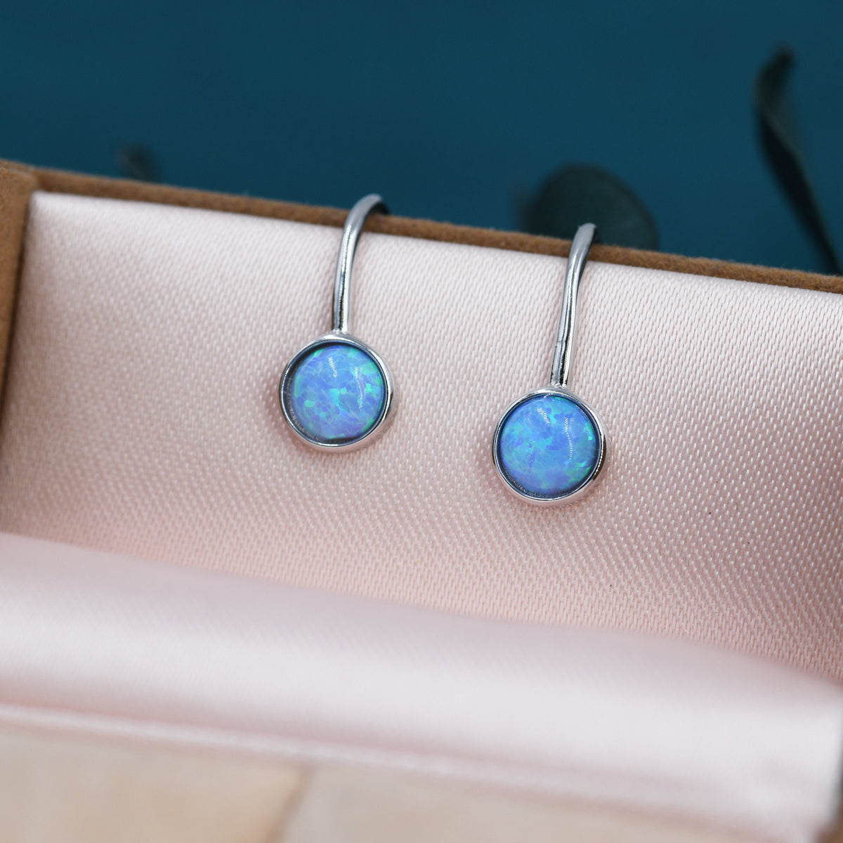 Sterling Silver Blue Opal Drop Earrings in Sterling Silver, Round Blue Opal Hook Earrings, Delicate Opal Earrings, Lab Opal