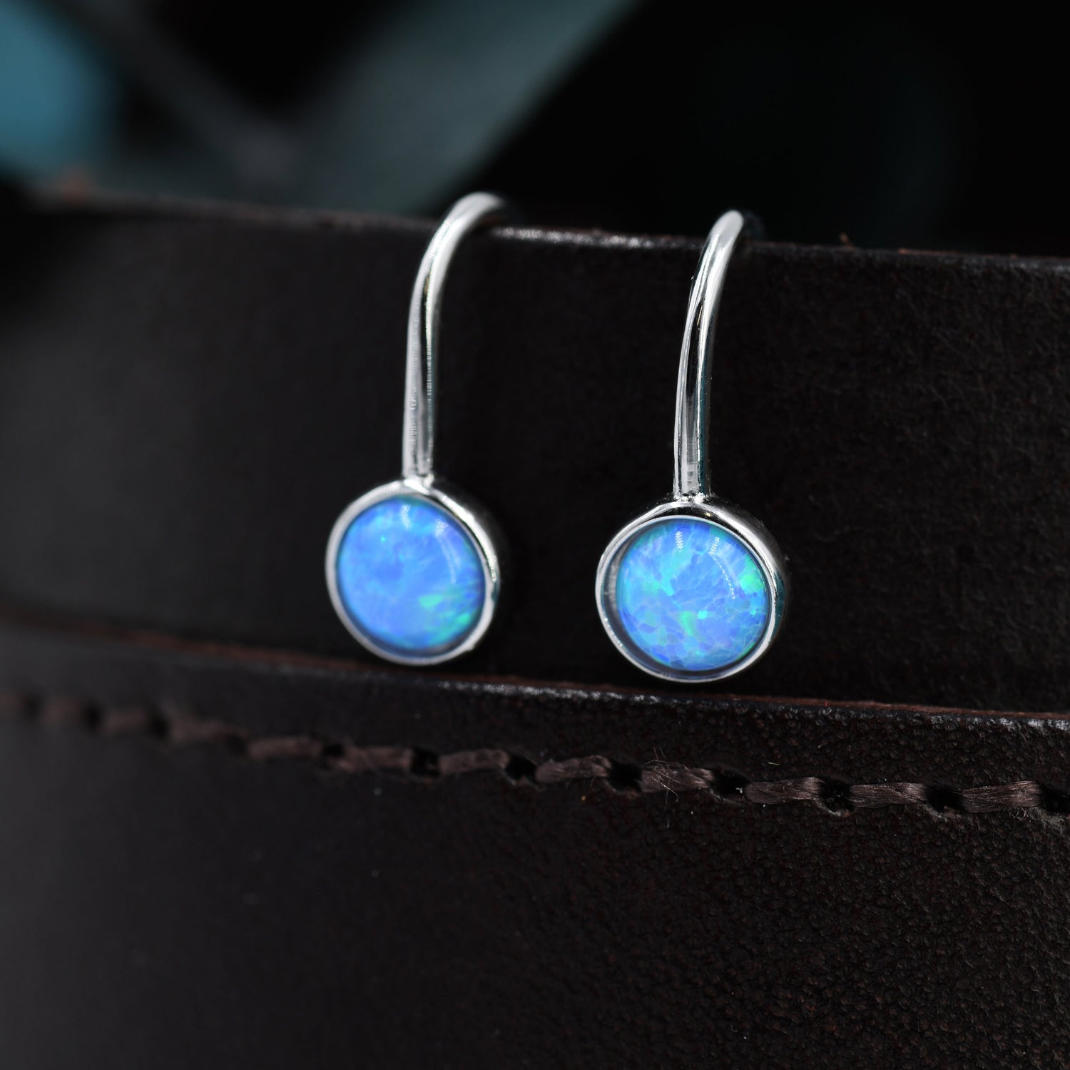 Sterling Silver Blue Opal Drop Earrings in Sterling Silver, Round Blue Opal Hook Earrings, Delicate Opal Earrings, Lab Opal