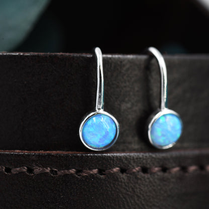 Sterling Silver Blue Opal Drop Earrings in Sterling Silver, Round Blue Opal Hook Earrings, Delicate Opal Earrings, Lab Opal