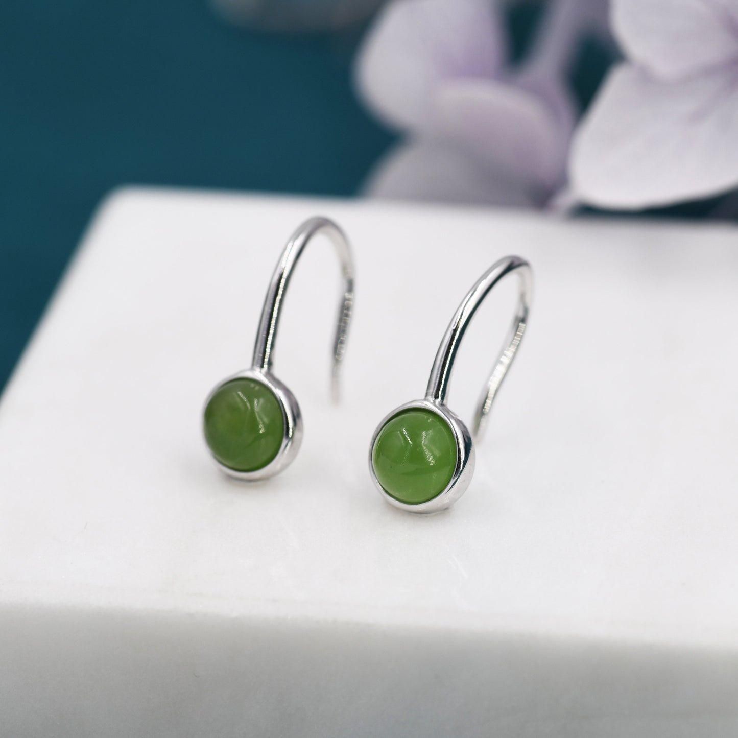 Genuine Jade Drop Earrings in Sterling Silver, Natural Jade Round Hook Earrings, Delicate Jade Earrings, Real Jade Earrings