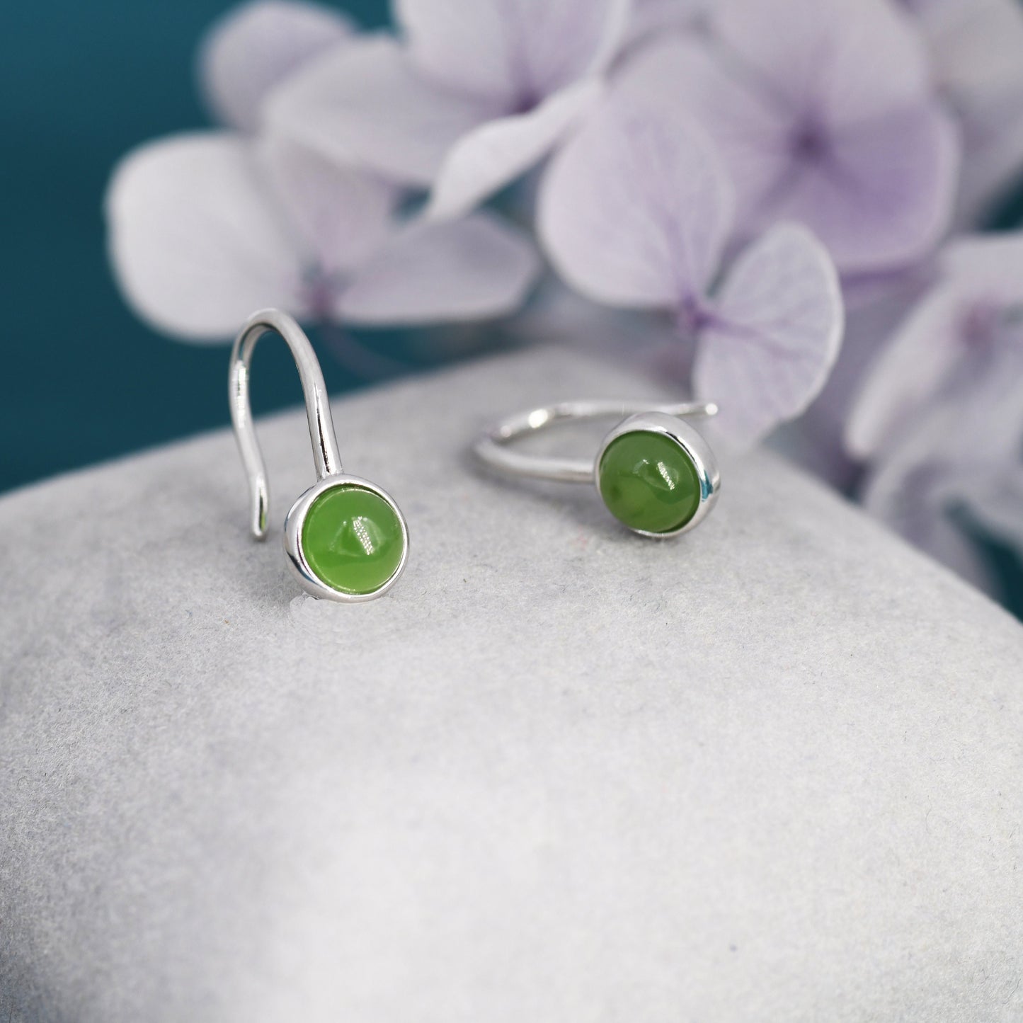 Genuine Jade Drop Earrings in Sterling Silver, Natural Jade Round Hook Earrings, Delicate Jade Earrings, Real Jade Earrings