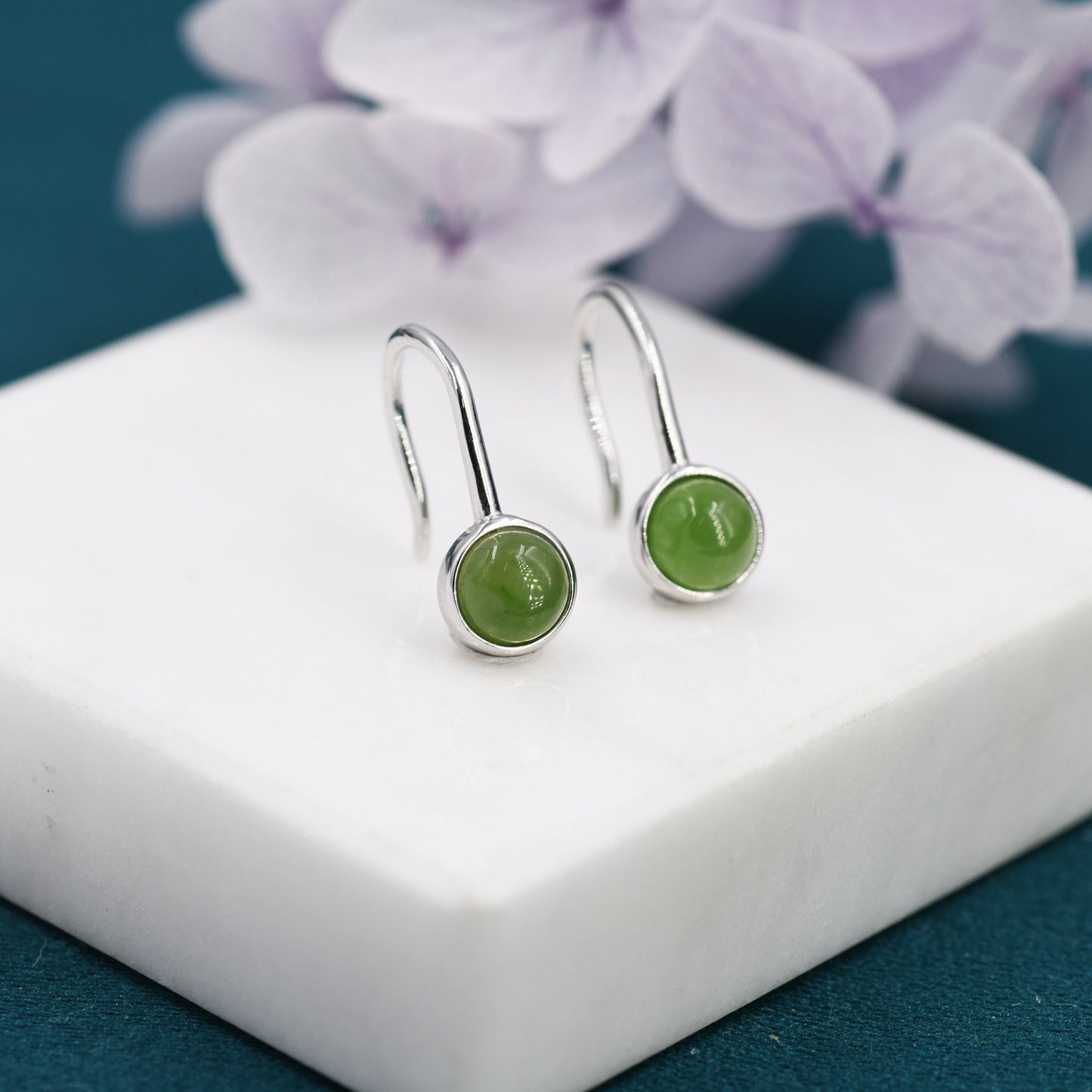 Genuine Jade Drop Earrings in Sterling Silver, Natural Jade Round Hook Earrings, Delicate Jade Earrings, Real Jade Earrings