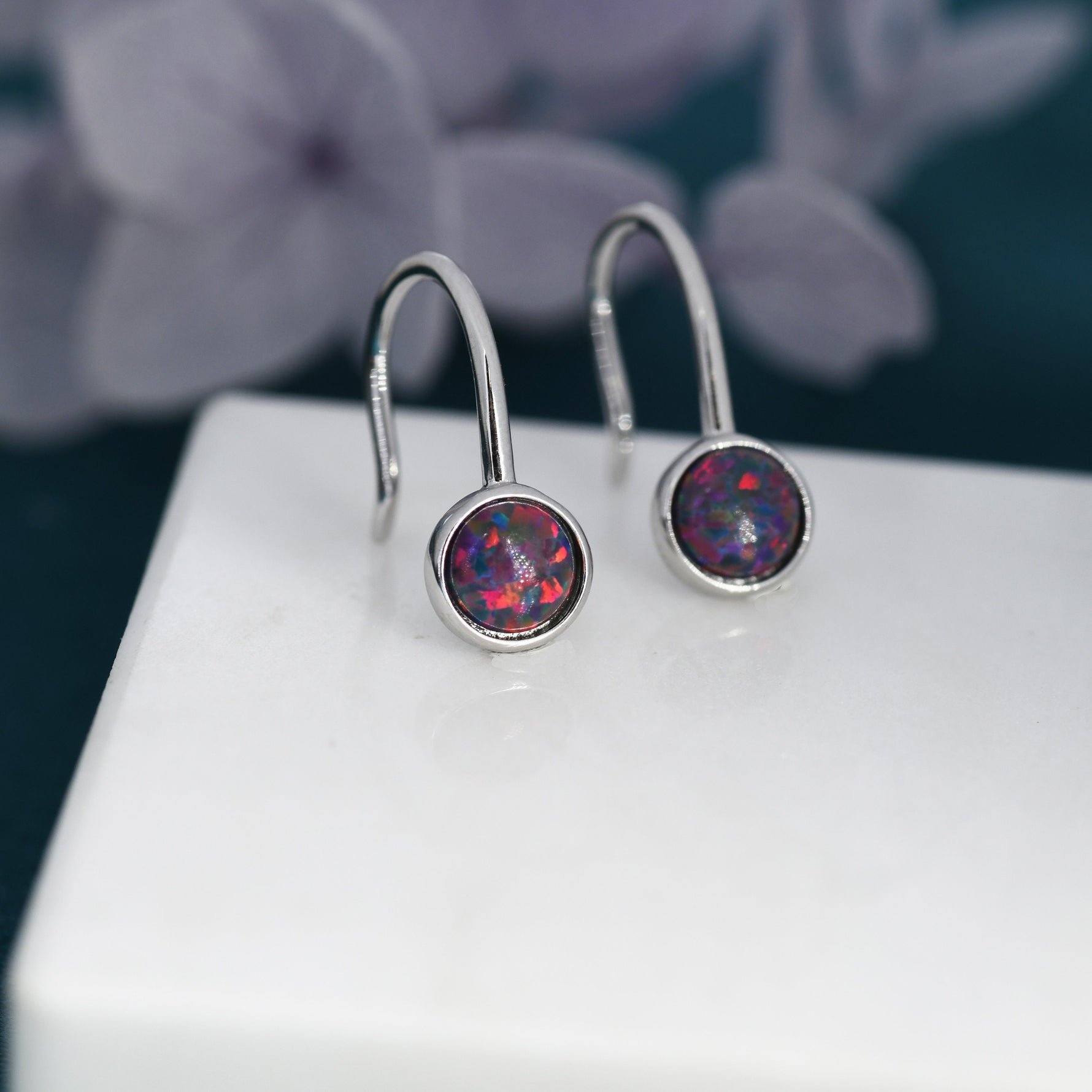 Sterling Silver Purple Opal Drop Earrings in Sterling Silver, Round Purple Opal Hook Earrings, Delicate Opal Earrings, Lab Opal
