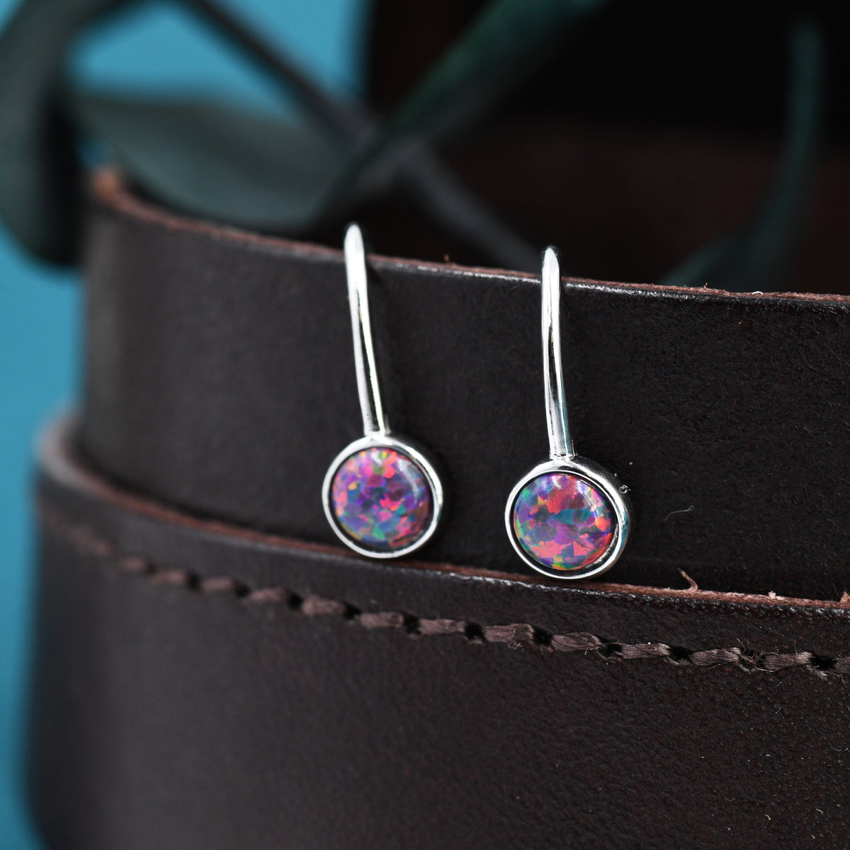 Sterling Silver Purple Opal Drop Earrings in Sterling Silver, Round Purple Opal Hook Earrings, Delicate Opal Earrings, Lab Opal
