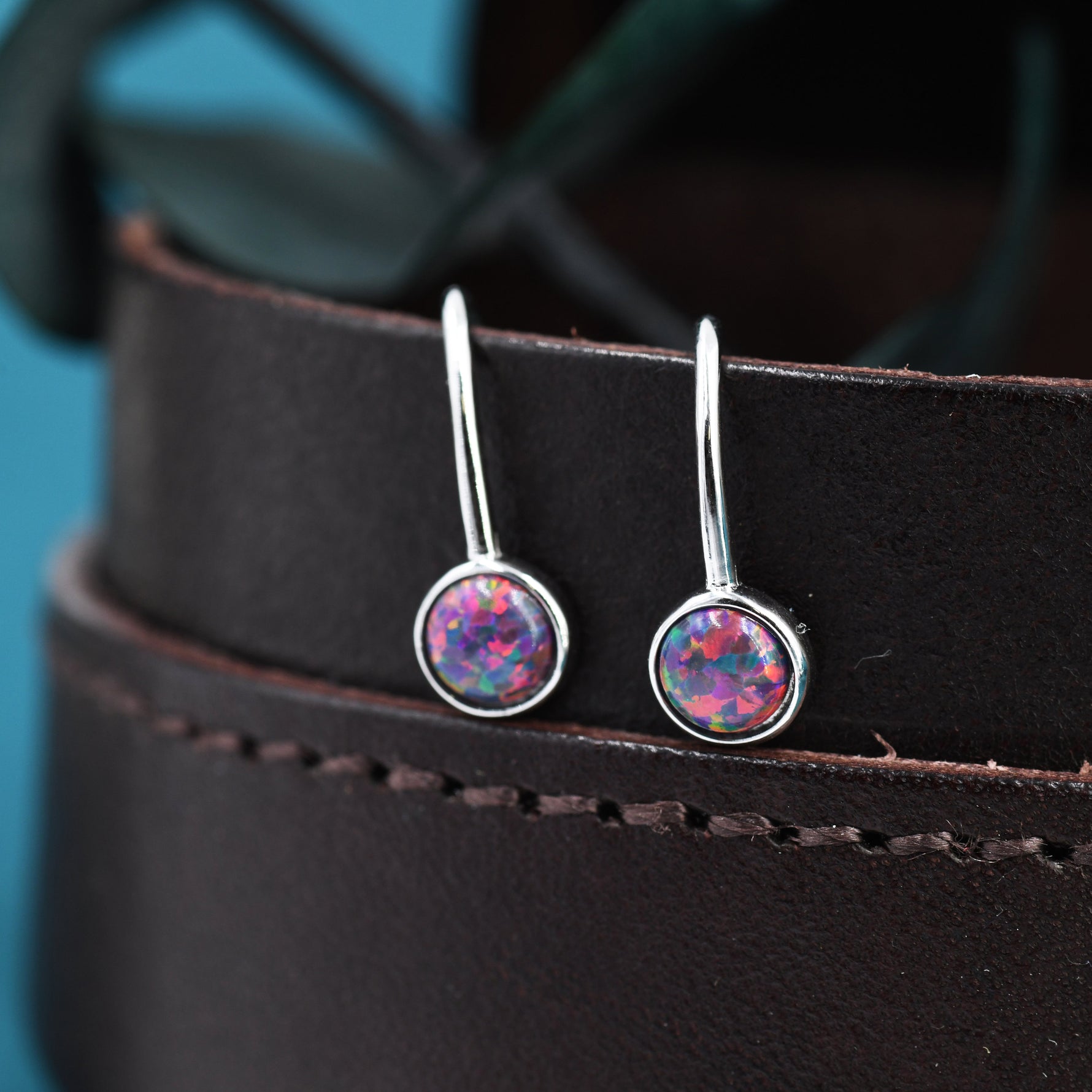 Sterling Silver Purple Opal Drop Earrings in Sterling Silver, Round Purple Opal Hook Earrings, Delicate Opal Earrings, Lab Opal