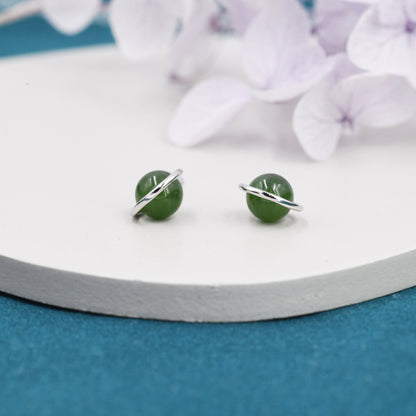 Genuine Jade Crystal Planet Stud Earrings in Sterling Silver, Green Jade Planet Halo Earrings, Jade Saturn Earrings