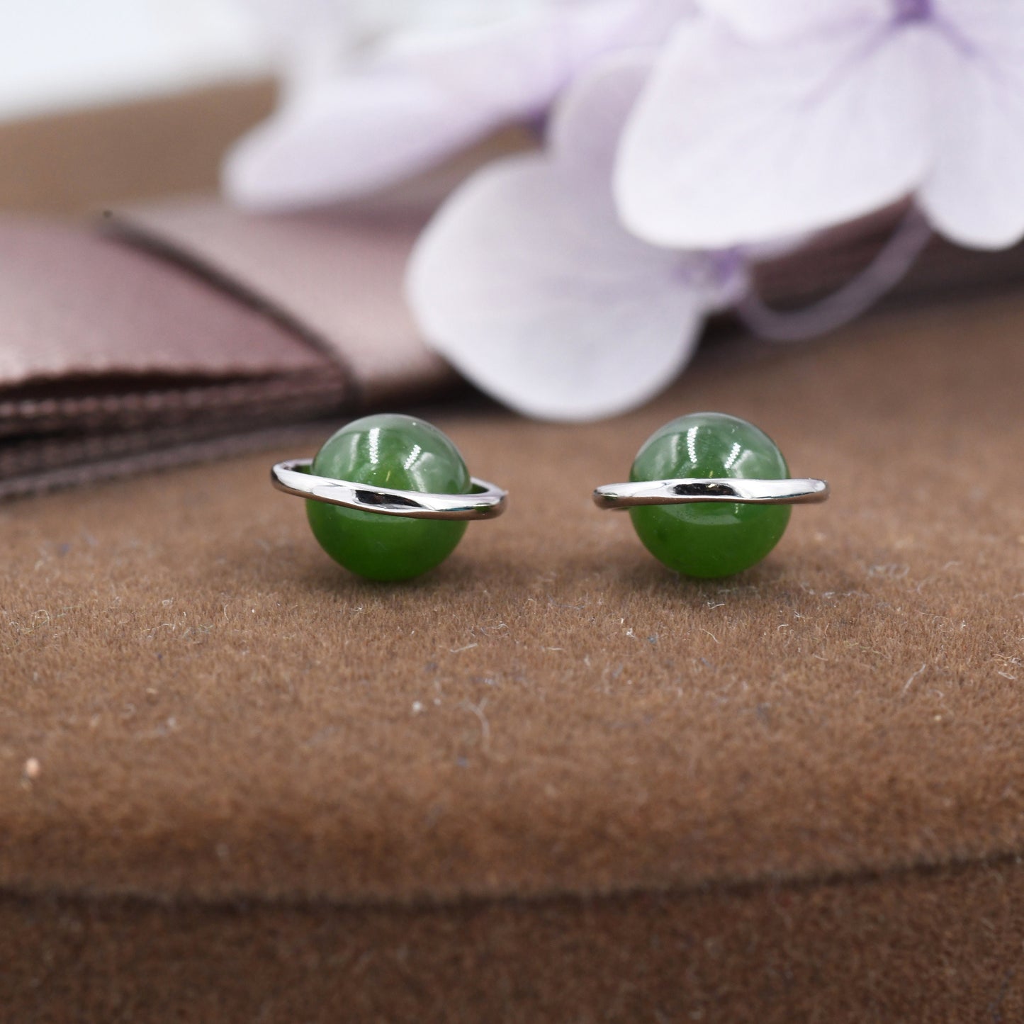 Genuine Jade Crystal Planet Stud Earrings in Sterling Silver, Green Jade Planet Halo Earrings, Jade Saturn Earrings