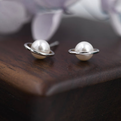 Mother of Pearl Planet Stud Earrings in Sterling Silver, Silver or Gold, Pearl Planet Halo Earrings, Pearl Saturn Earrings