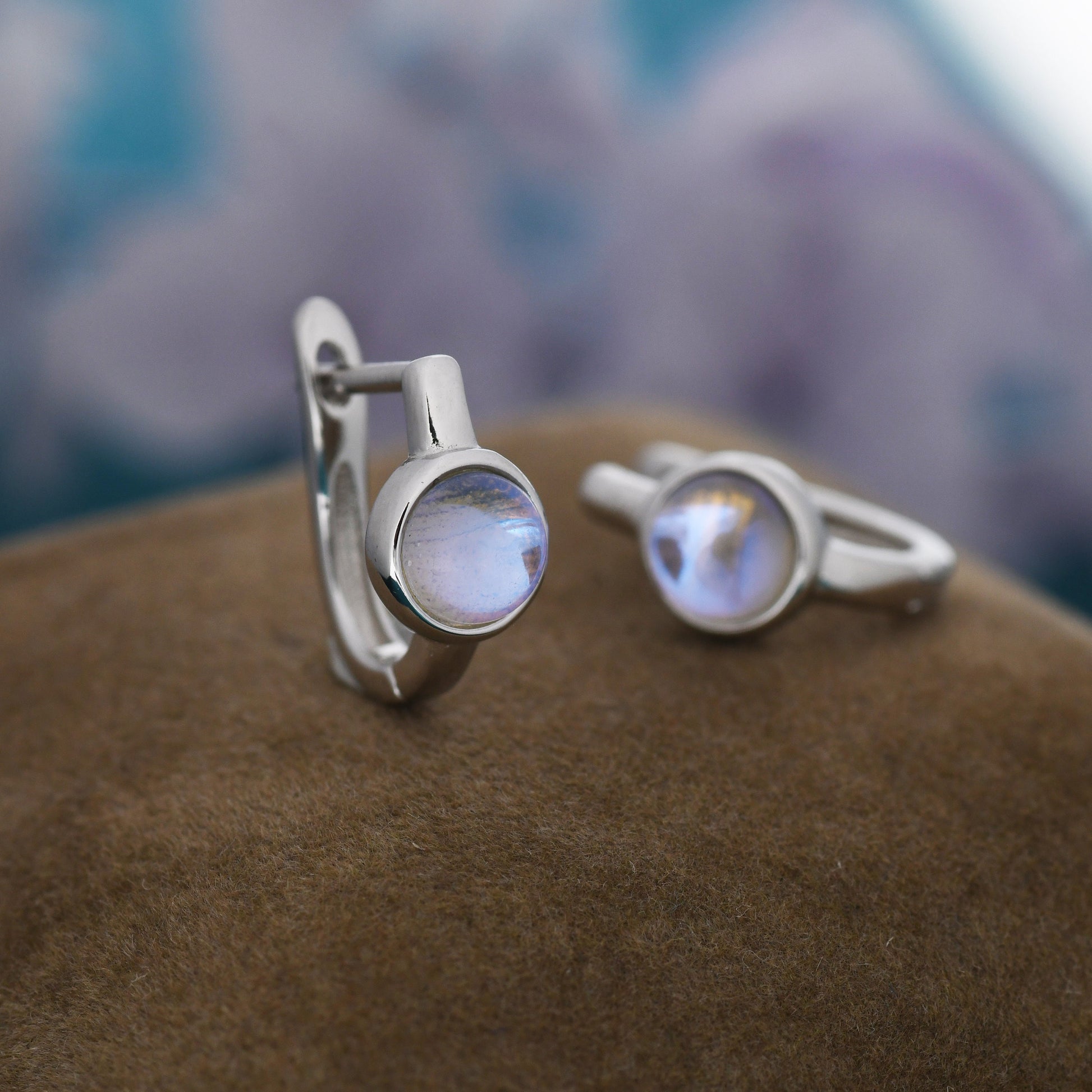 Moonstone Huggie Hoop Earrings in Sterling Silver, 5mm Moonstone Hoops, Moonstone Hoops, Simulated Moonstone Hoops