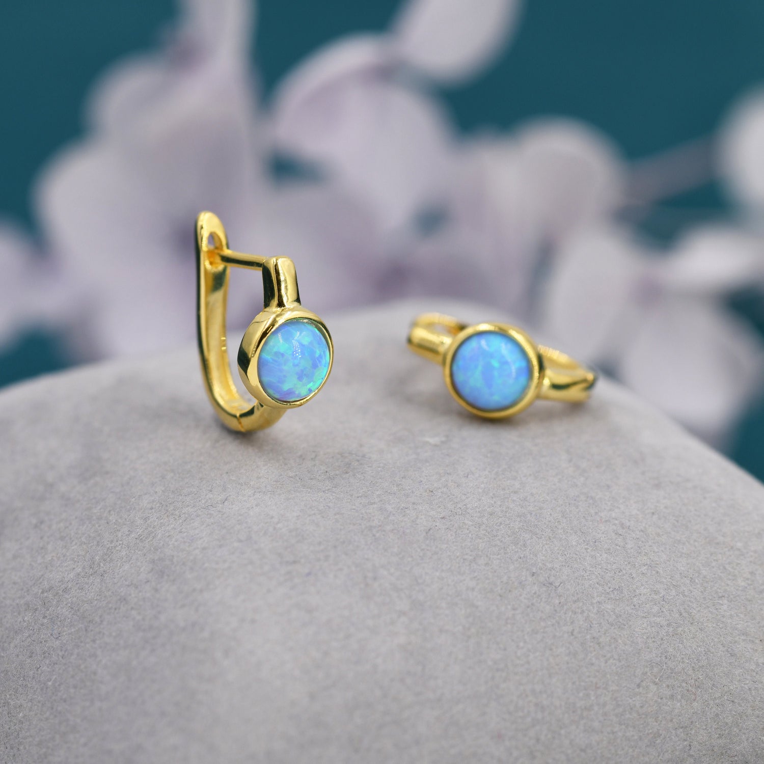 Blue Opal Huggie Hoop Earrings in Sterling Silver, Silver or Gold, 5mm Opal Lever Hoops, Opal Hoops, Simulated Opal Hoops, Fire Opal Hoops