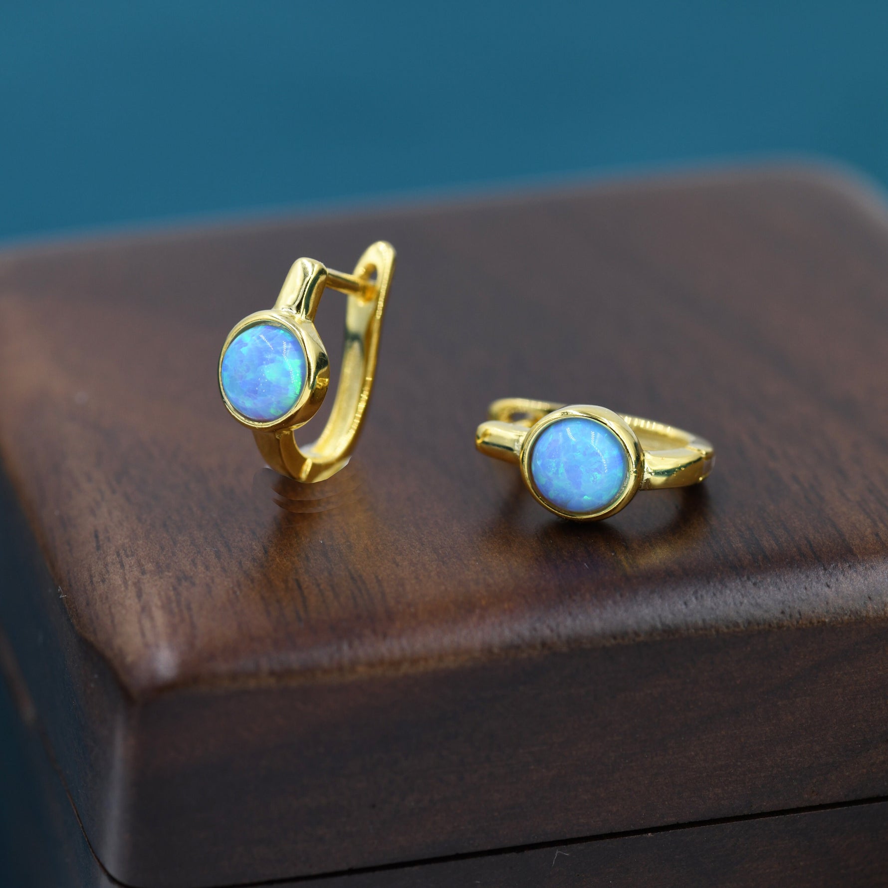 Blue Opal Huggie Hoop Earrings in Sterling Silver, Silver or Gold, 5mm Opal Lever Hoops, Opal Hoops, Simulated Opal Hoops, Fire Opal Hoops