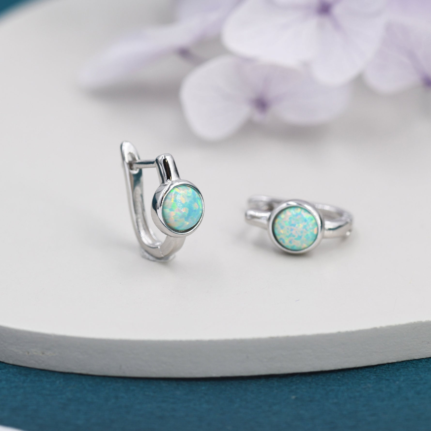 Green Opal Huggie Hoop Earrings in Sterling Silver, Silver or Gold, 5mm Opal Lever Hoops, Opal Hoops, Simulated Opal Hoops, Fire Opal Hoops