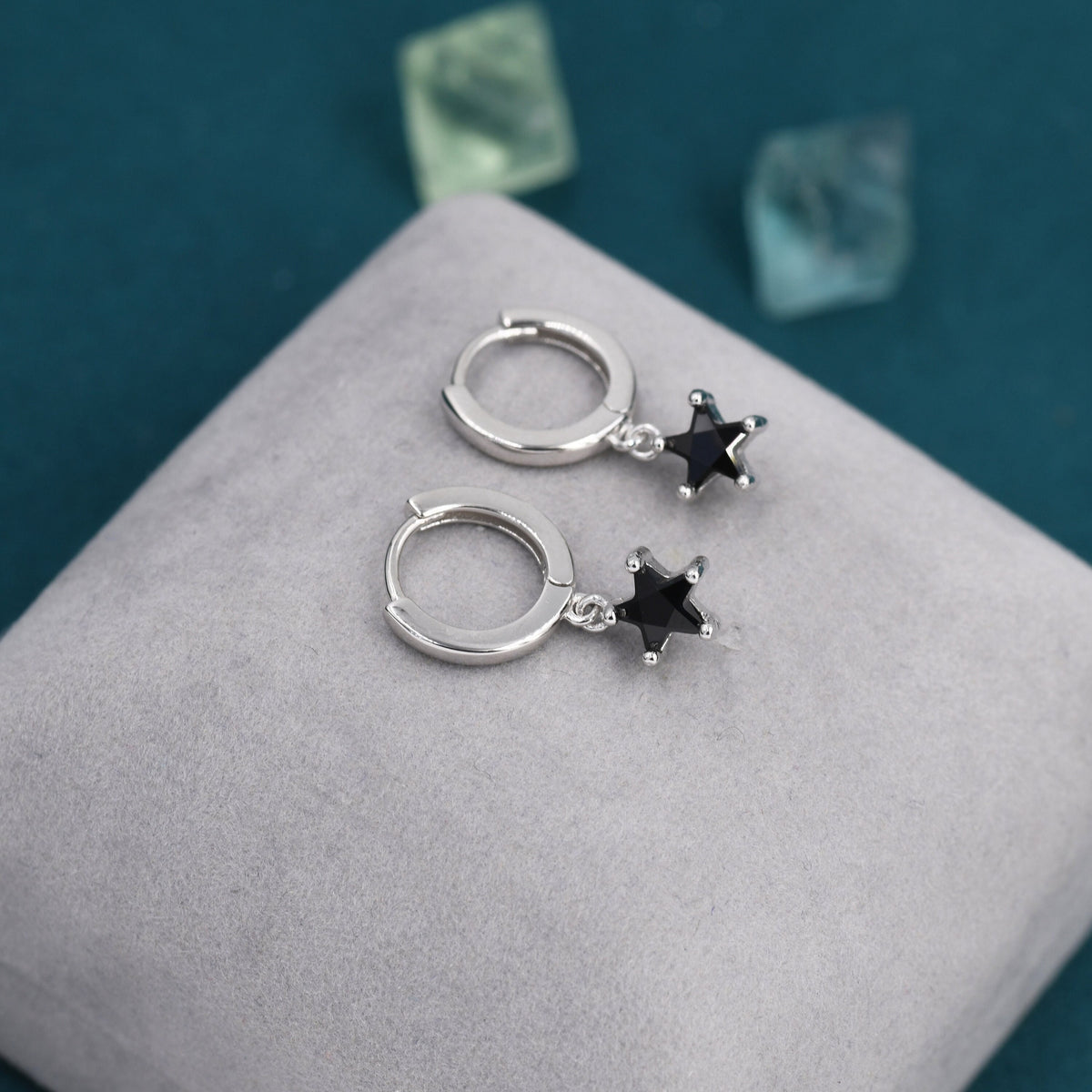 Black CZ Star Huggie Hoop Earrings in Sterling Silver, Silver or Gold, North Star Dangle Earrings, Sunburst Earrings, Celestial Jewellery