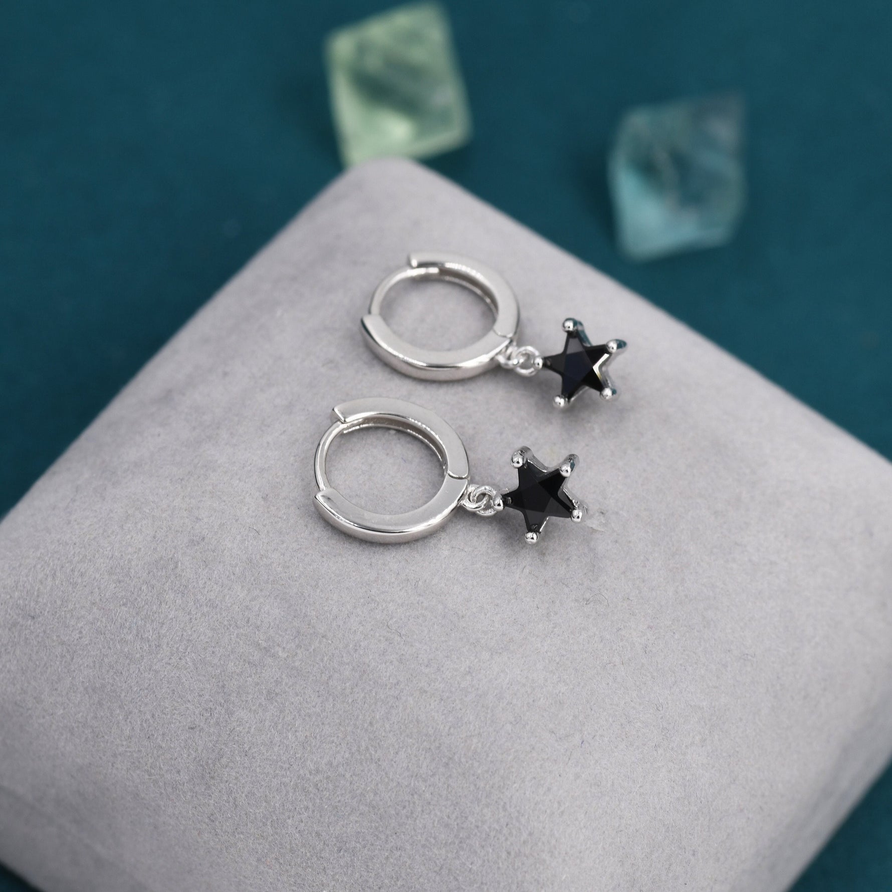 Black CZ Star Huggie Hoop Earrings in Sterling Silver, Silver or Gold, North Star Dangle Earrings, Sunburst Earrings, Celestial Jewellery