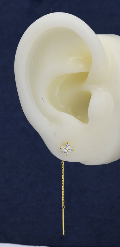 Hydrangea Flower CZ Threader Earrings in Sterling Silver, Silver or Gold, Four Dot Crystal Ear Threaders, Flower CZ Earrings