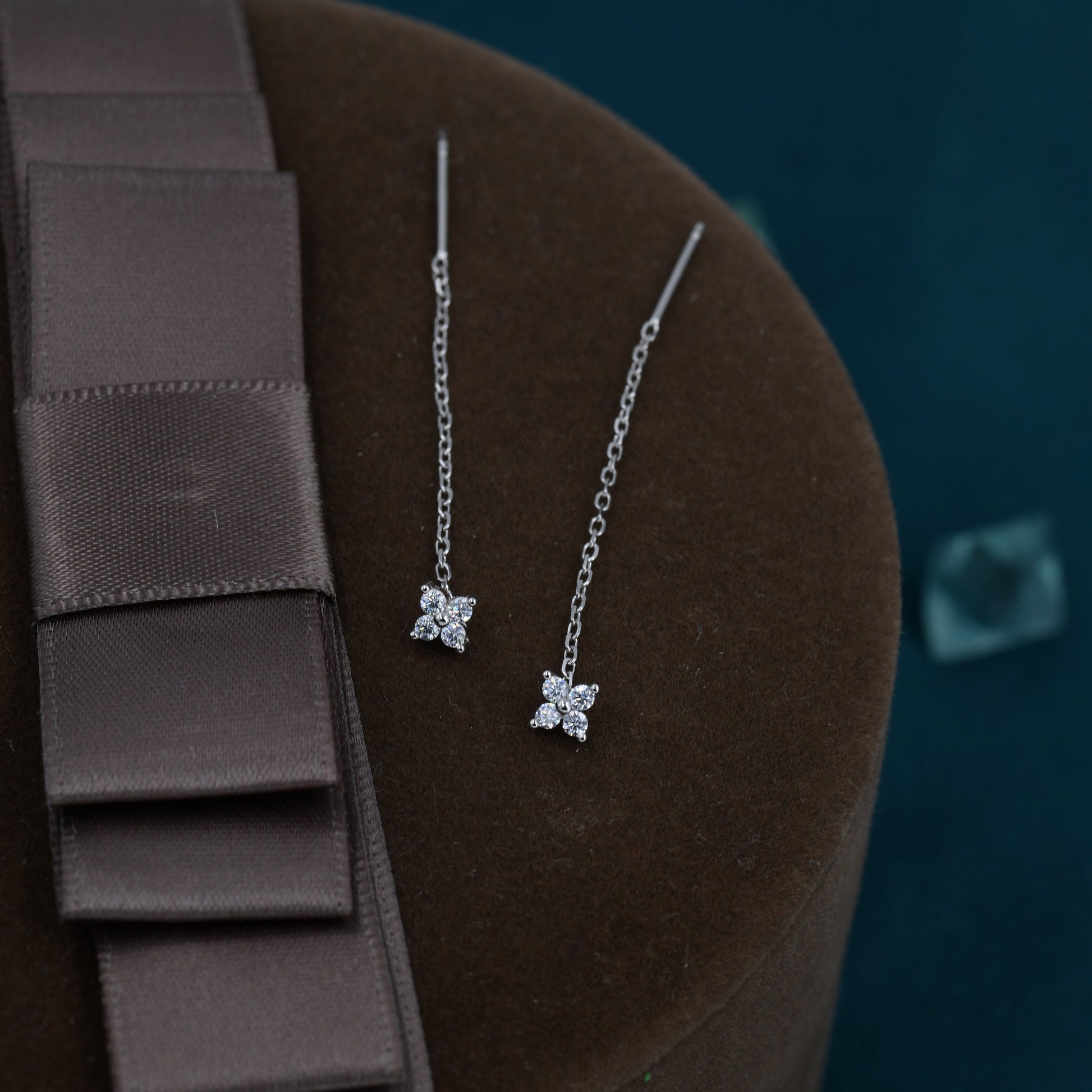 Hydrangea Flower CZ Threader Earrings in Sterling Silver, Silver or Gold, Four Dot Crystal Ear Threaders, Flower CZ Earrings