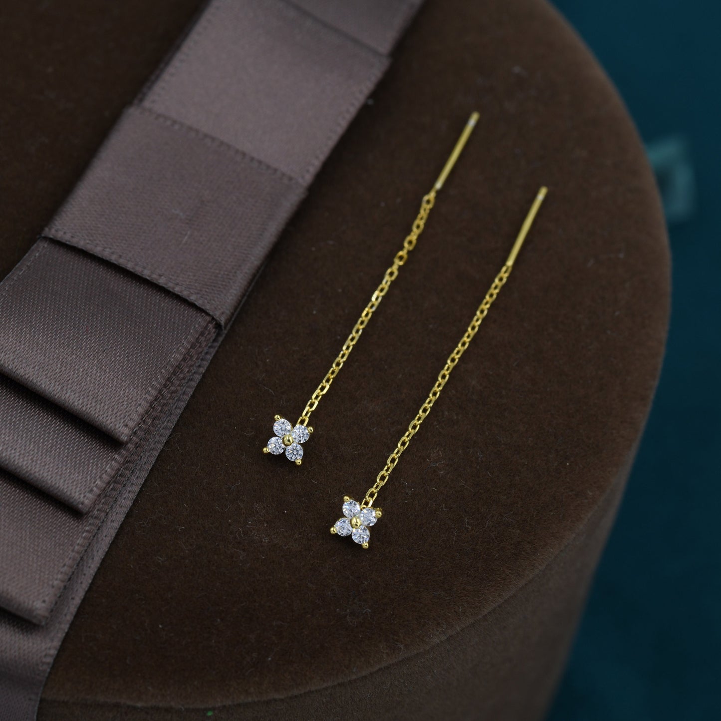 Hydrangea Flower CZ Threader Earrings in Sterling Silver, Silver or Gold, Four Dot Crystal Ear Threaders, Flower CZ Earrings