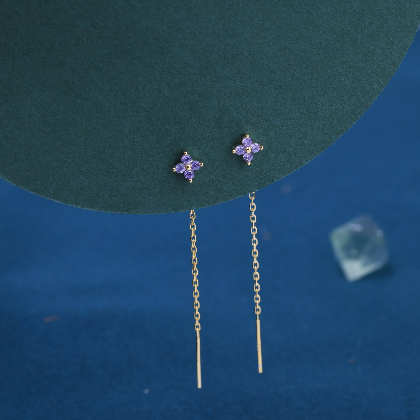 Purple Hydrangea Flower CZ Threader Earrings in Sterling Silver, Silver or Gold, Four Dot Crystal Ear Threaders, Flower CZ Earrings