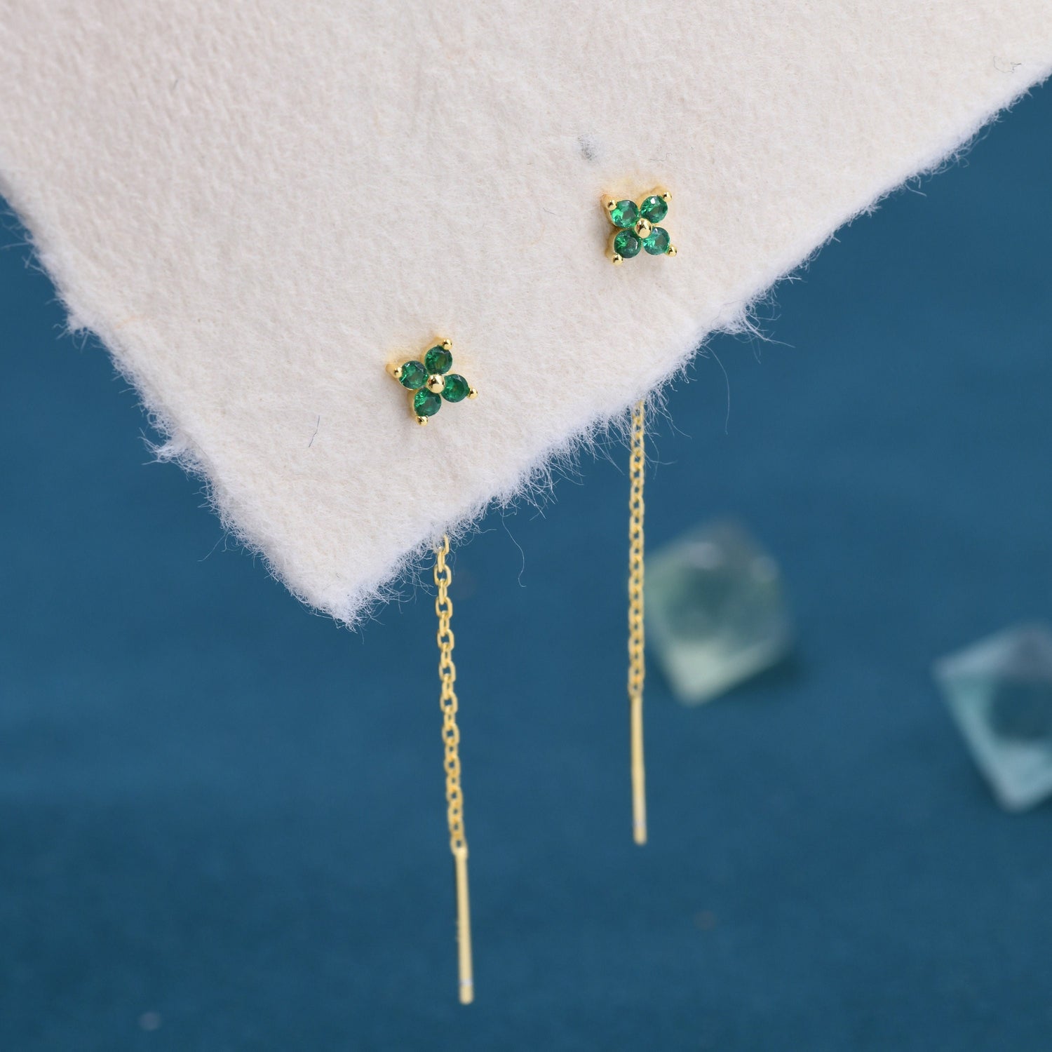 Emerald Green Hydrangea Flower CZ Threader Earrings in Sterling Silver, Silver or Gold, Four Dot Crystal Ear Threaders, Flower CZ Earrings