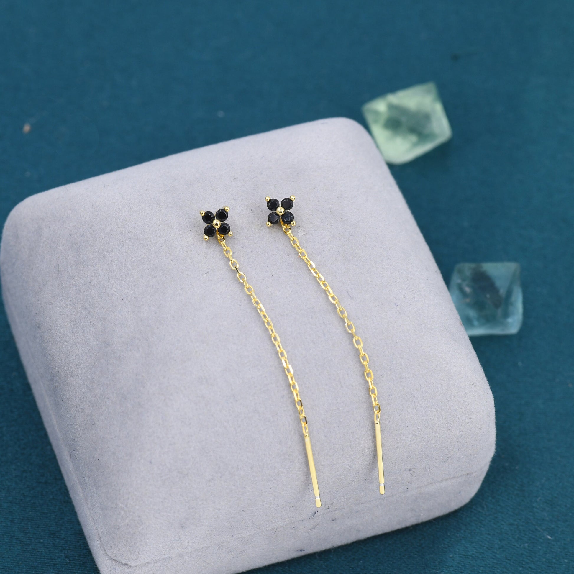 Black Hydrangea Flower CZ Threader Earrings in Sterling Silver, Silver or Gold, Four Dot Crystal Ear Threaders, Flower CZ Earrings