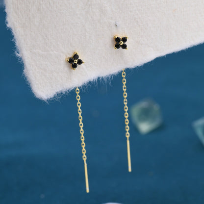 Black Hydrangea Flower CZ Threader Earrings in Sterling Silver, Silver or Gold, Four Dot Crystal Ear Threaders, Flower CZ Earrings