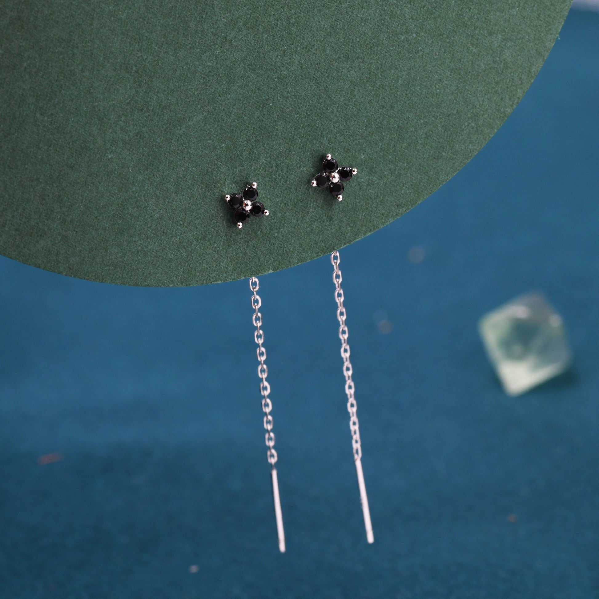 Black Hydrangea Flower CZ Threader Earrings in Sterling Silver, Silver or Gold, Four Dot Crystal Ear Threaders, Flower CZ Earrings