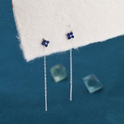 Sapphire Blue Hydrangea Flower CZ Threader Earrings in Sterling Silver, Silver or Gold, Four Dot Crystal Ear Threaders, Flower CZ Earrings