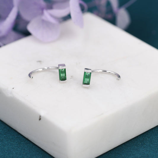 Emerald Green Baguette Cut CZ Huggie Hoop Earrings in Sterling Silver, Silver or Gold, Open Hoops,  Pull-Through Threader Earrings