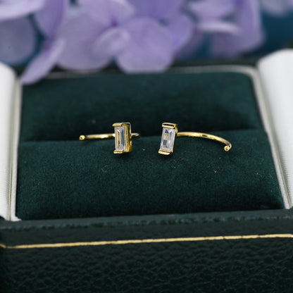 Baguette Cut CZ Huggie Hoop Earrings in Sterling Silver, Silver or Gold, Open Hoops,  Pull-Through Threader Earrings