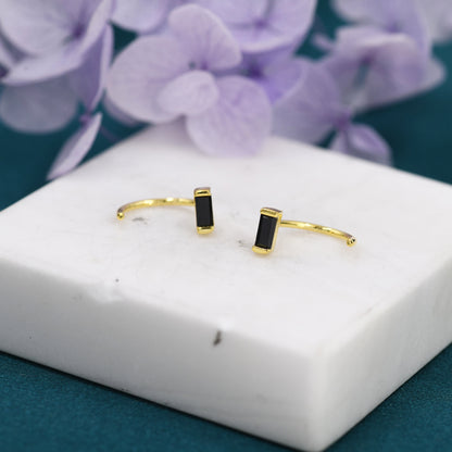 Black Baguette Cut CZ Huggie Hoop Earrings in Sterling Silver, Silver or Gold, Open Hoops,  Pull-Through Threader Earrings,