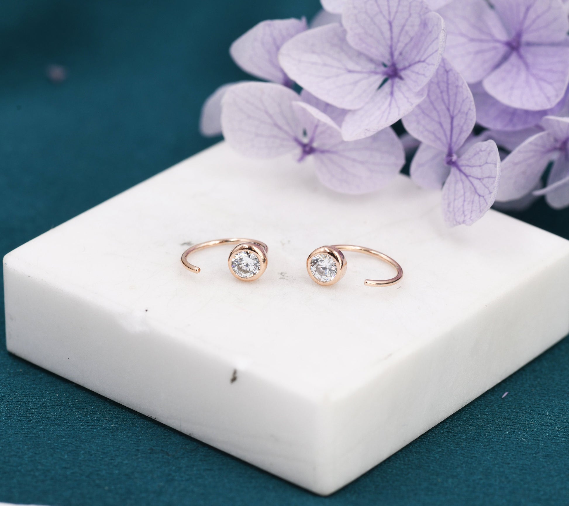 Crystal CZ Huggie Hoop Earrings in Sterling Silver, Silver or Gold or Rose Gold, Half Hoop, Tiny CZ Open Hoop, Pull Through