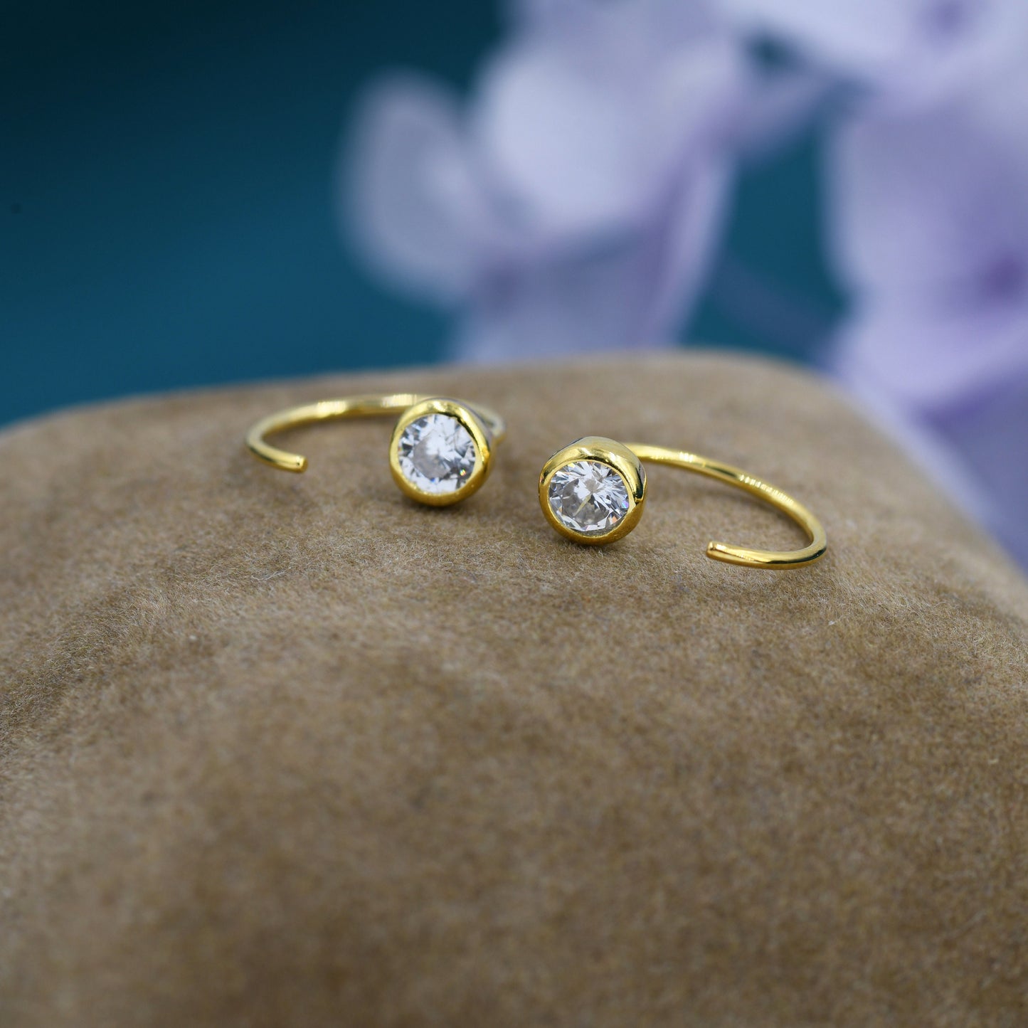 Crystal CZ Huggie Hoop Earrings in Sterling Silver, Silver or Gold or Rose Gold, Half Hoop, Tiny CZ Open Hoop, Pull Through