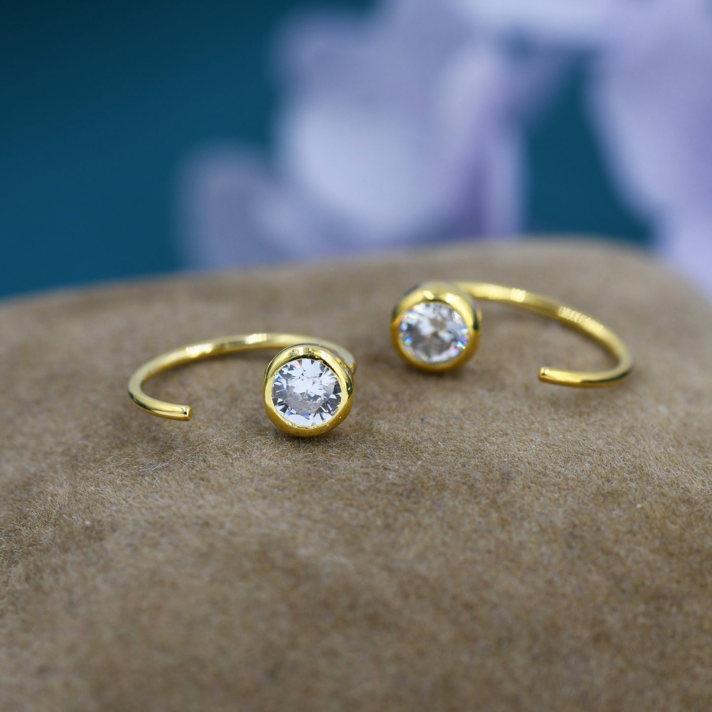 Crystal CZ Huggie Hoop Earrings in Sterling Silver, Silver or Gold or Rose Gold, Half Hoop, Tiny CZ Open Hoop, Pull Through