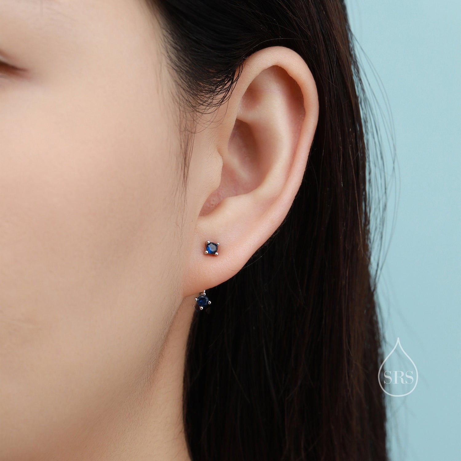 Double Sapphire Blue CZ Ear Jacket in Sterling Silver, Silver or Gold, Front and Back Earrings, Two Part Earrings