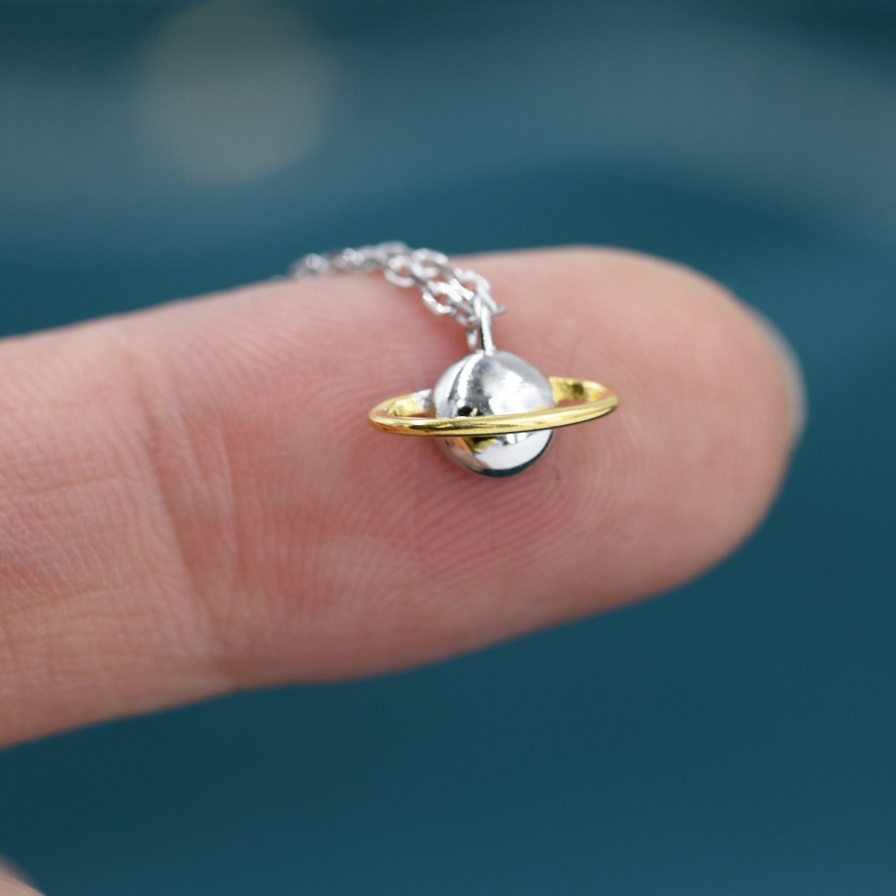 Tiny Little Planet Pendant Necklace in Sterling Silver, Saturn Necklace, Small Planet Necklace, Space Pendant