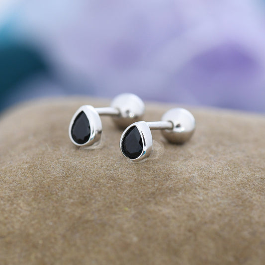 Extra Tiny Black CZ Droplet Screw Back Earrings in Sterling Silver, Silver or Gold, Black CZ Screwback Earrings, Barbell