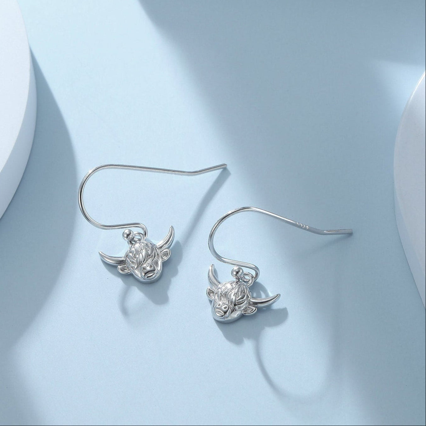 Dangling Highland Cow Drop Earrings in Sterling Silver, Silver or Gold or Rose Gold, Highland Cow Earrings, Cow Hook Earrings, Scottish