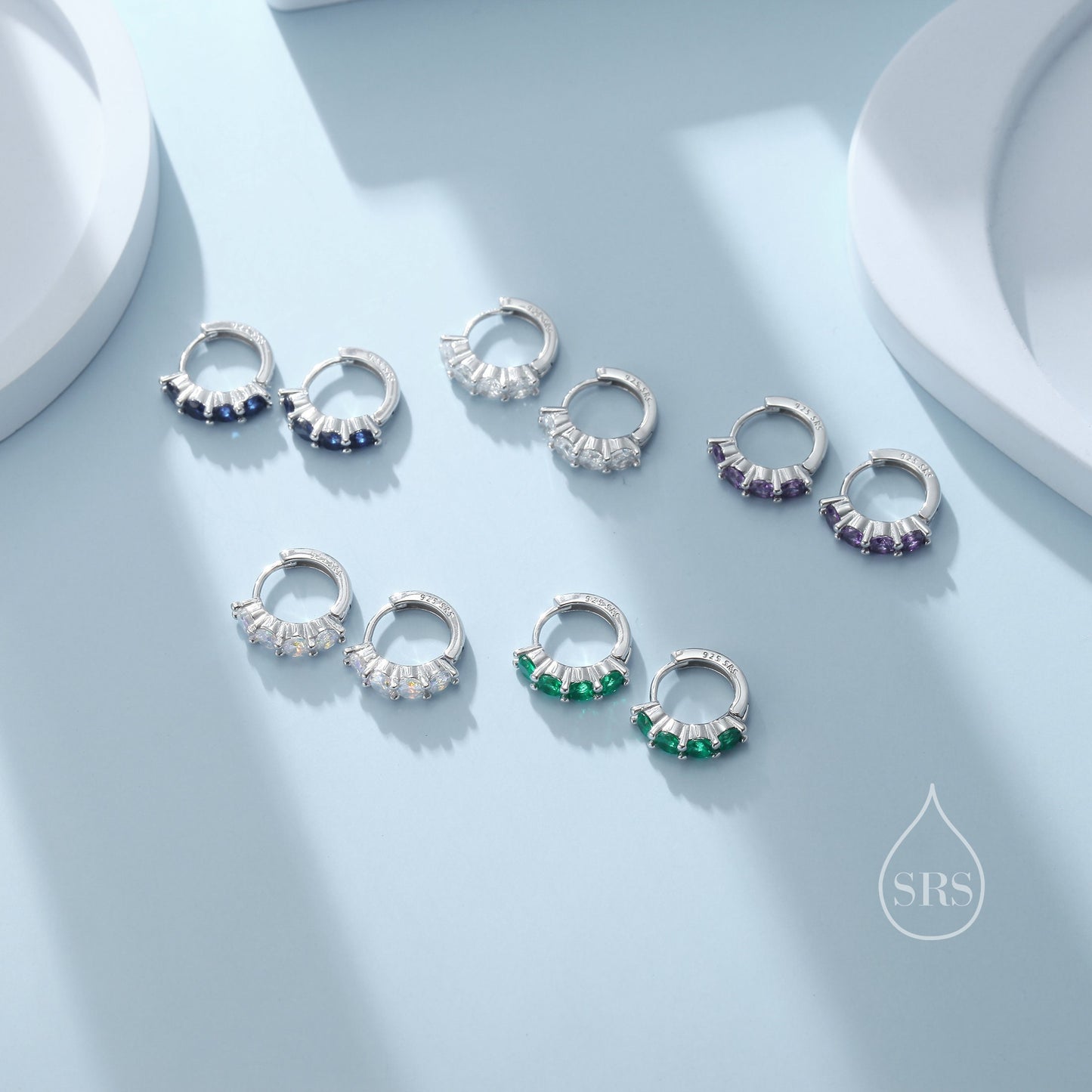 CZ Huggie Hoop Earrings in Sterling Silver, 8mm Hoops, Silver or Gold, 4mm Geometric Hoop Earrings, Green, Blue, Purple, Rainbow or Clear CZ