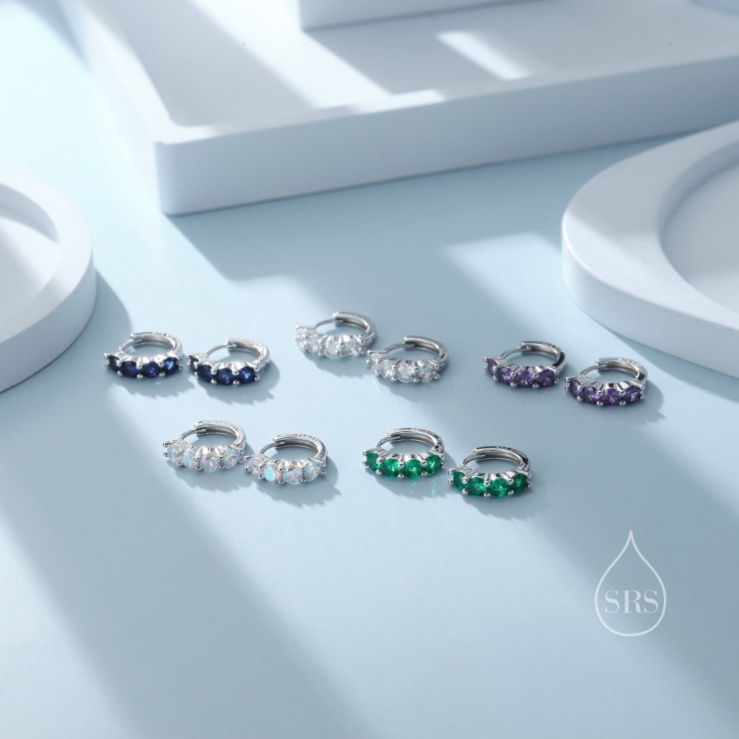 CZ Huggie Hoop Earrings in Sterling Silver, 8mm Hoops, Silver or Gold, 4mm Geometric Hoop Earrings, Green, Blue, Purple, Rainbow or Clear CZ